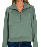 Scuba Half Zip Pullover with Kangaroo Pocket - Dark Forest - by Zenana