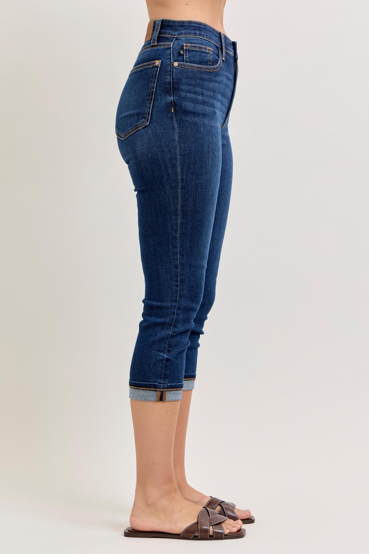 High Waisted Capri Cuffed Jeans - Dark Wash - by Judy Blue