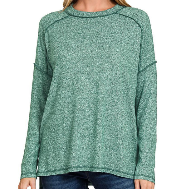 Soft Melange Hacci Exposed Seam Hi/Lo Tee - Hunter Green - by Zenana