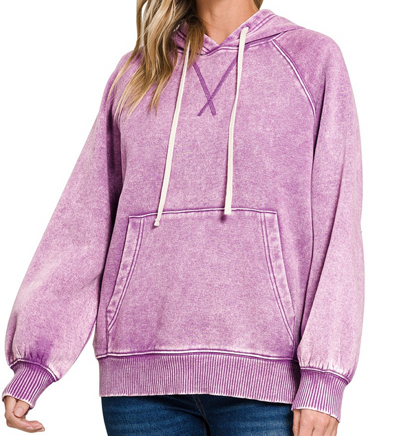 Acid Wash Fleece Hoodie with Pockets - B Violet - by Zenana