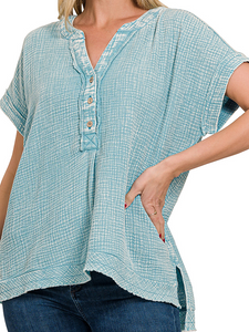 Washed Double Gauze 3/4 Button Henley Top - Dusty Teal - by Zenana