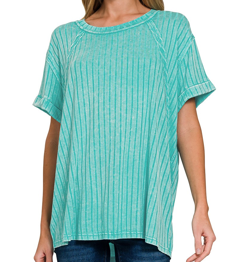 Acid Washed Short Sleeve Boat Neck Ribbed Top - Turquoise - by Zenana