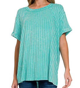 Acid Washed Short Sleeve Boat Neck Ribbed Top - Turquoise - by Zenana