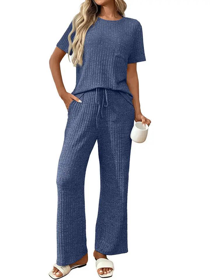 Ribbed Knit Lounge Set with Short Sleeve with Pants - Blue - by Lovesoft