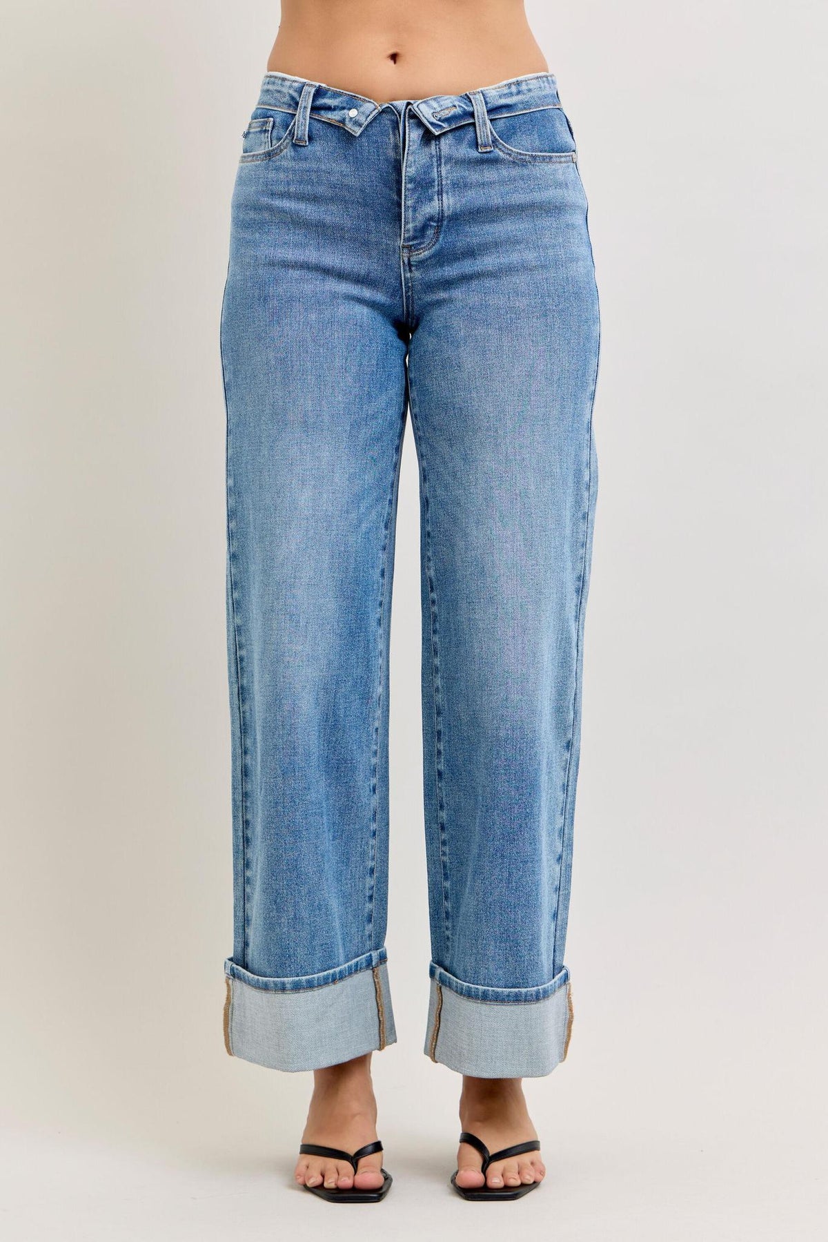 Mid Rise Straight with Foldover Waistband - Med Wash - by Judy Blue