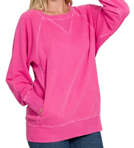 Pigment Dyed French Terry Pullover with Pockets - Hot Pink - by Zenana