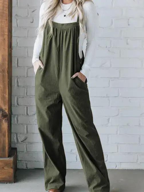 Solid Pocketed Corduroy Overalls - Jungle Green - by Lovesoft