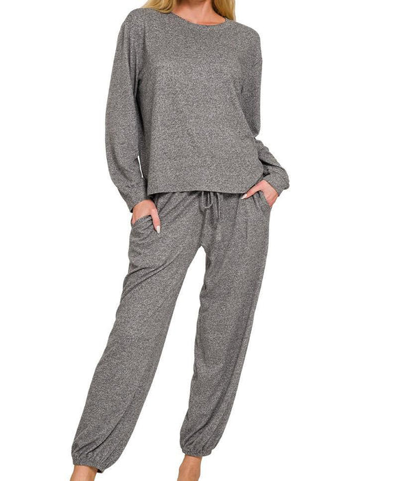 Hacci Long Sleeve Round Neck Tee & Jogger Set - Black - by Zenana