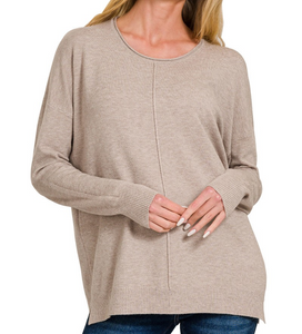 Viscose Front Seam Round-Neck Sweater - Heather Mocha - by Zenana