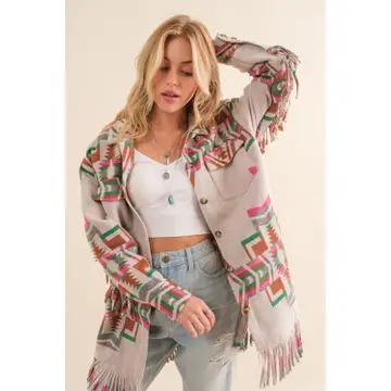Aztec Button Up Shirt Jacket | PINK GREEN BEIGE - by Blue B