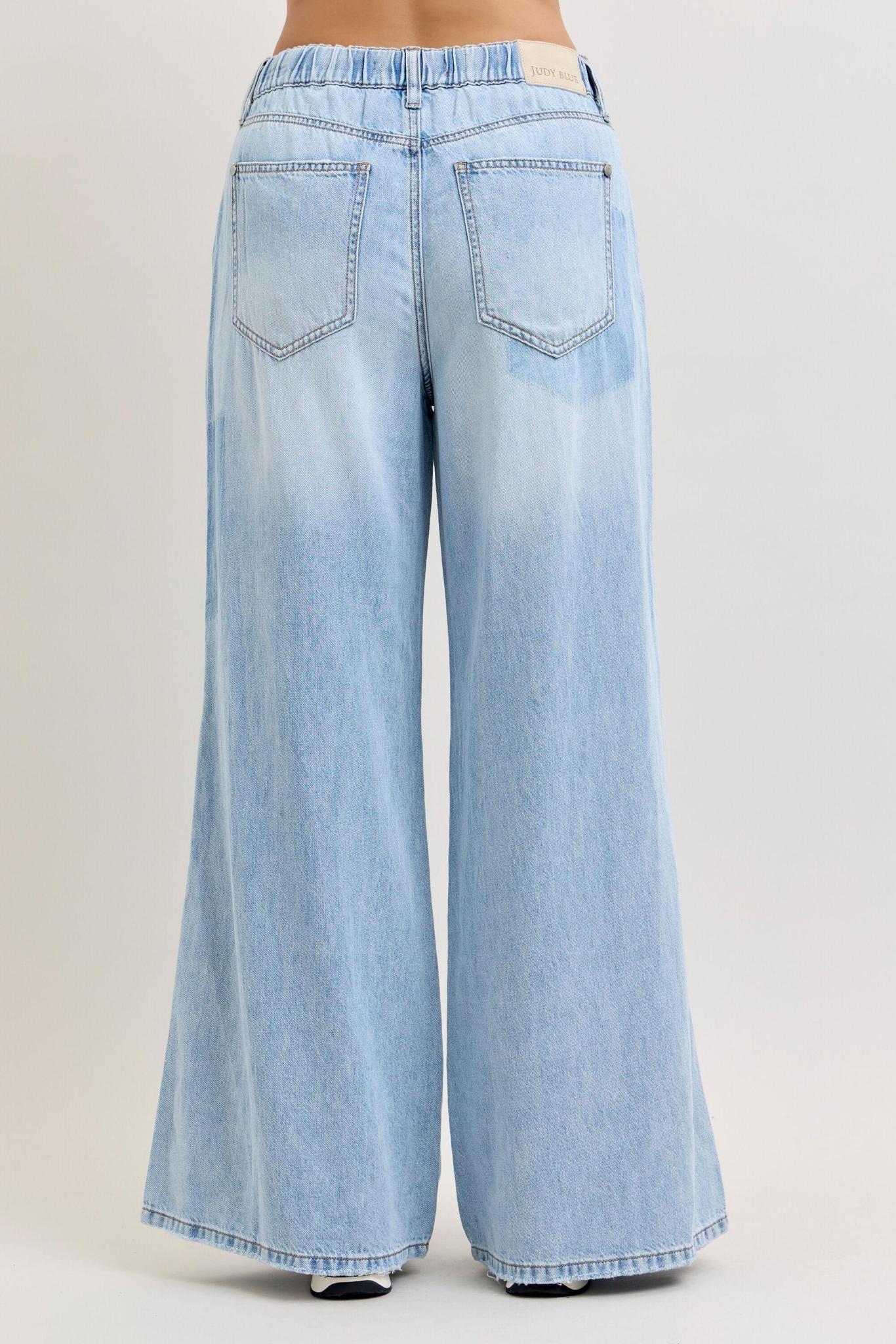 High Waisted Featherweight Palazzo Jeans - Shadow Light Wash - by Judy Blue