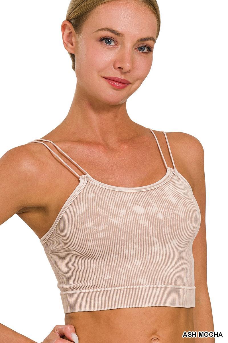 Washed Ribbed Seamless Double Strap Brami - Ash Mocha - by Zenana