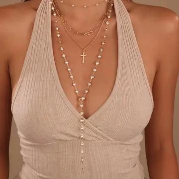 Layered Gold & Pearl cross necklace - JOSSLYN