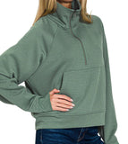 Scuba Half Zip Pullover with Kangaroo Pocket - Dark Forest - by Zenana