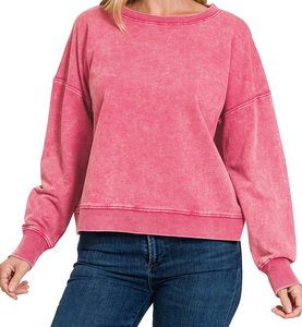 French Terry Acid Wash Boat Neck Pullover - Ash  Pink - by Zenana