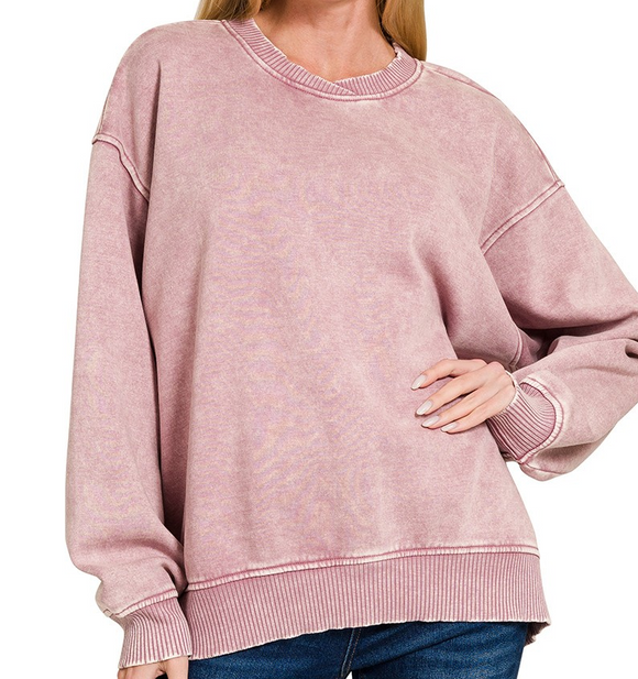 Acid Wash Oversized Fleece Pullover - LT Rose - by Zenana