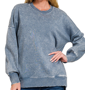 Acid Wash Fleece Hi-Low Pullover - Dusty Blue - by Zenana