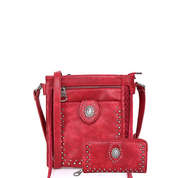 Red Montana West Concho Collection Crossbody Bag Wallet Set- by Montana West