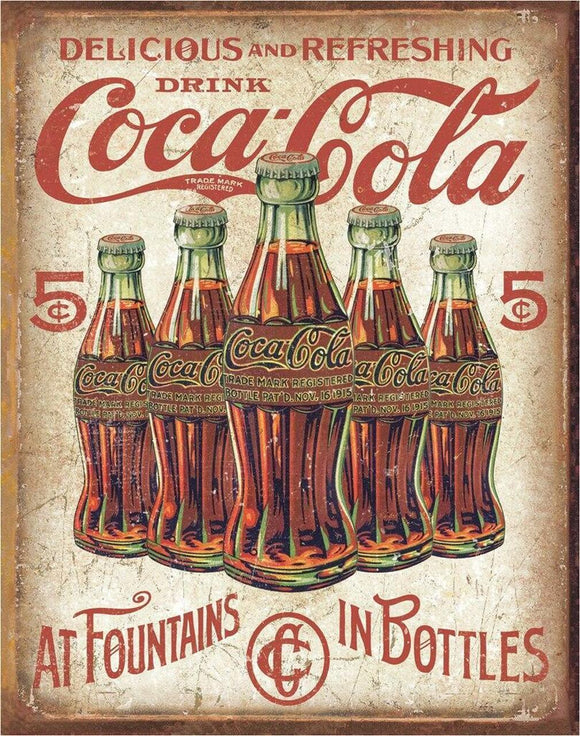 Coke- 5 Retro Bottles - Vintage-style Tin Sign
