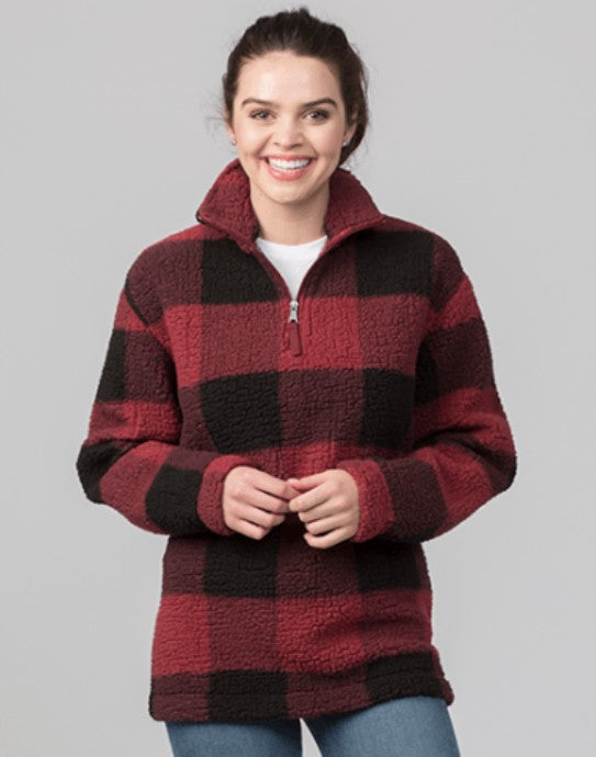 Quarter Zip Pullover Sherpa (Garnet & Black Buffalo Plaid) - by Boxercraft®