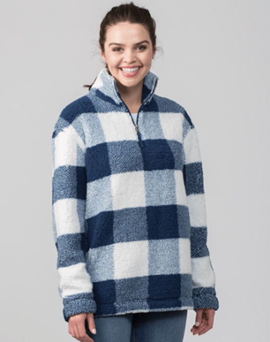 Quarter Zip Pullover Sherpa (Navy & Natural White Buffalo Plaid) - by Boxercraft®