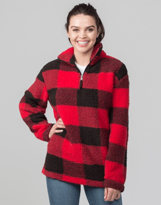 Quarter Zip Pullover Sherpa (Red & Black Buffalo Plaid) - by Boxercraft®