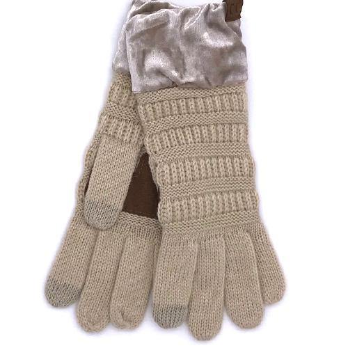 Beige Crushed Velvet Knit Gloves (CC Beanie Exclusive) by Girlie Girl Originals - www.HereTodayGoneTomorrow.store