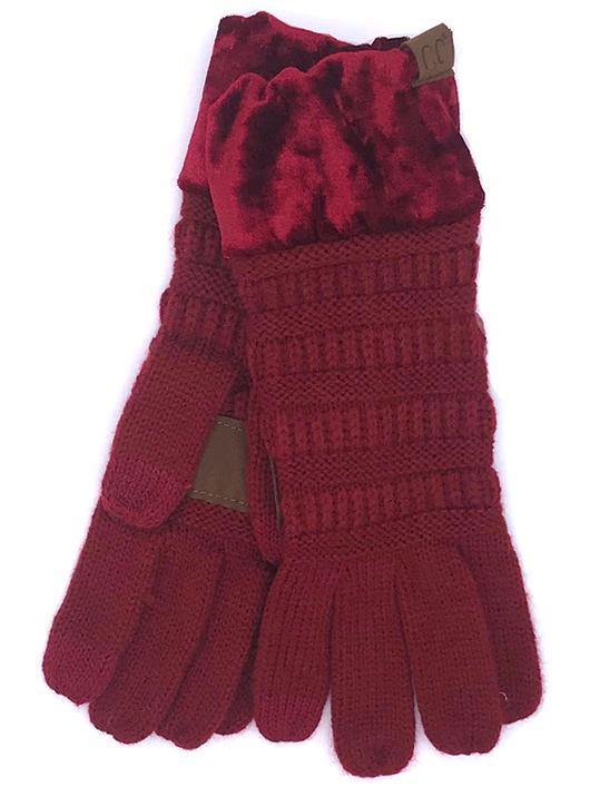 Burgundy Crushed Velvet Knit Gloves (CC Beanie Exclusive) by Girlie Girl Originals - www.HereTodayGoneTomorrow.store