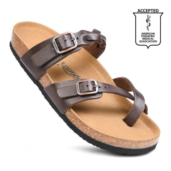 IRENIC WOMEN’S STRAPPY SLIDE SANDALS - BROWN - BY AEROTHOTIC